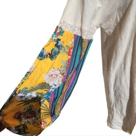 Umgee Dress Medium Cream With Tropical Floral Puff Sleeves 100% Cotton Boho - Picture 7 of 12